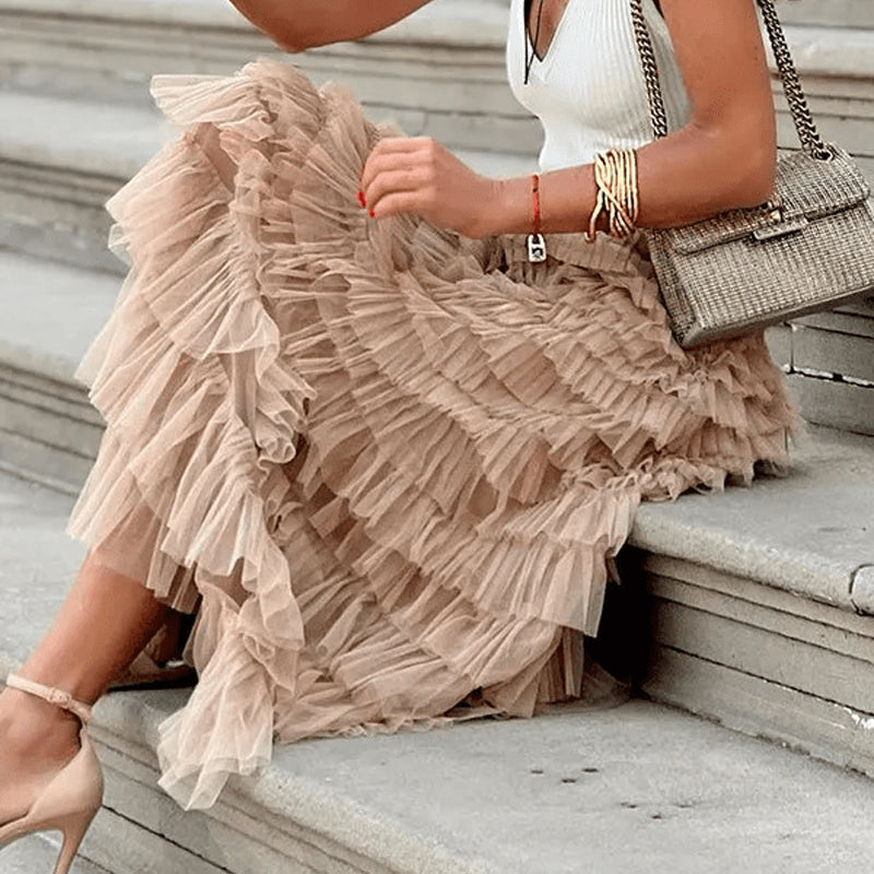 Tiered Elastic Waist Tulle Maxi Skirt