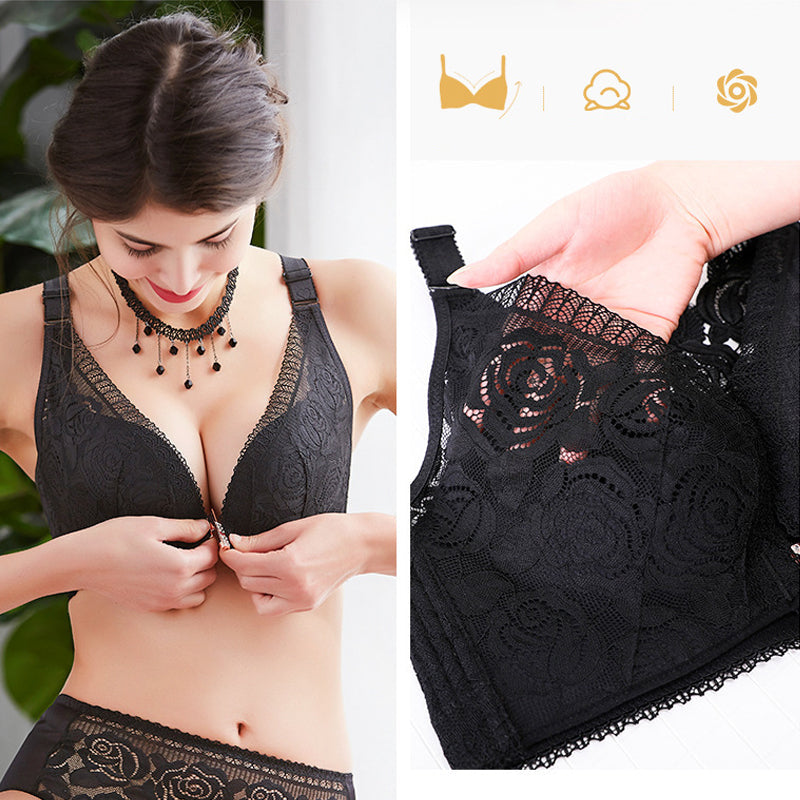 Rose Embroidery Front Closure Wireless Bra