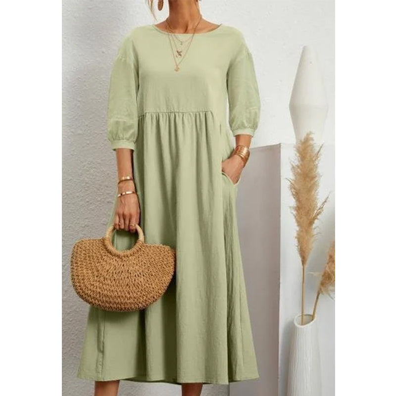 Solid Color Lantern Sleeve Loose Cotton Linen Dress