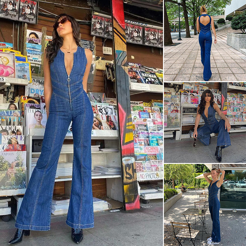 Backless Heart Cutout Denim Jumpsuit For Women